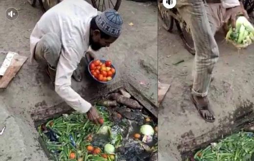 Disturbing photos show vegetable vendor collecting them from a dirty gutter