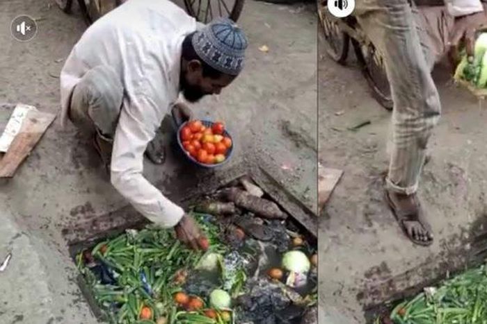 Disturbing photos show vegetable vendor collecting them from a dirty gutter