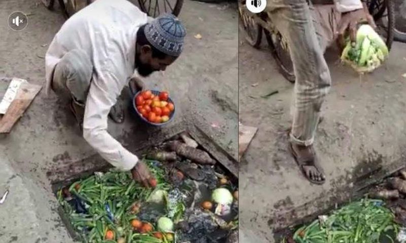 Disturbing photos show vegetable vendor collecting them from a dirty gutter