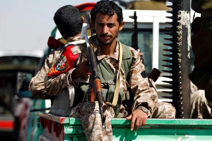Yemeni Iran-backed Huthi rebels military police parade in the streets of the capital Sanaa in January