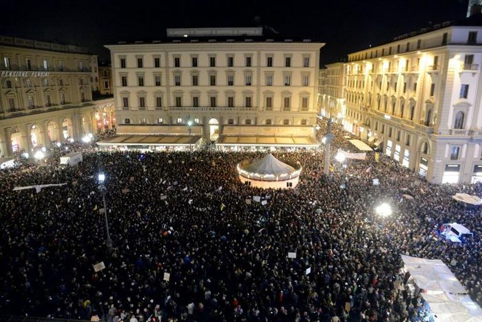 Thousands gathered in Florence's Piazza della Republic in answer to a call from the new 'Sardine Movement'