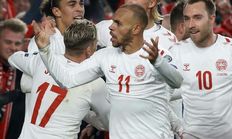Martin Braithwaite (C) celebrates after putting Denmark ahead against Ireland - a 1-1 draw allowed the Danes to qualify for Euro 2020
