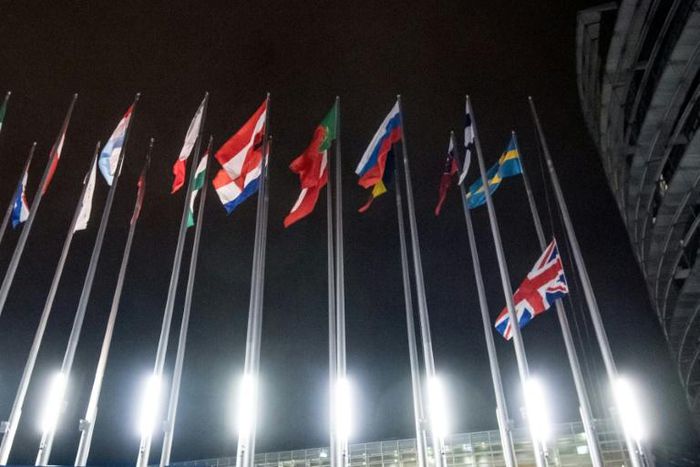 A Union flag from the United Kingdom is lowered from a flagpole at The European Parliament, in Strasbourg, on Brexit Day