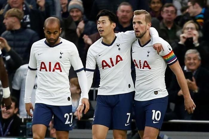 Tottenham players celebrate their opening goal in the Premier League match against Burnley