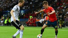 Spanish forward Dani Olmo (R), pictured in the U21 European Football Championships final against Germany last year