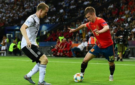 Spanish forward Dani Olmo (R), pictured in the U21 European Football Championships final against Germany last year