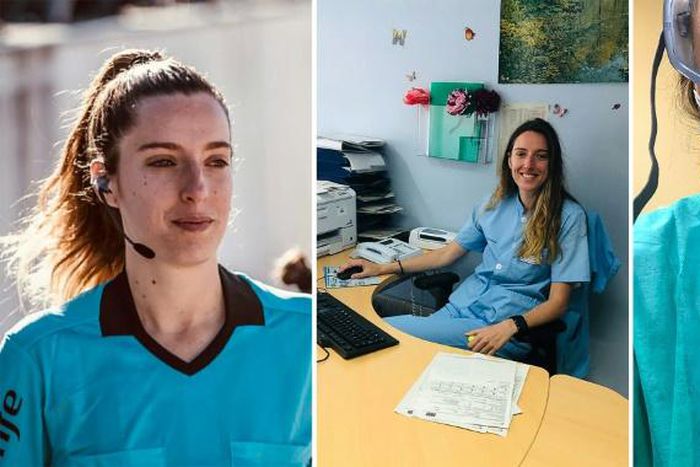 Nurse and semi-professional football referee Iragartze Fernandez officiating a match (L), at a hospital desk (C) and at a hospital in Bilbao during the COVID-19 coronavirus outbreak.