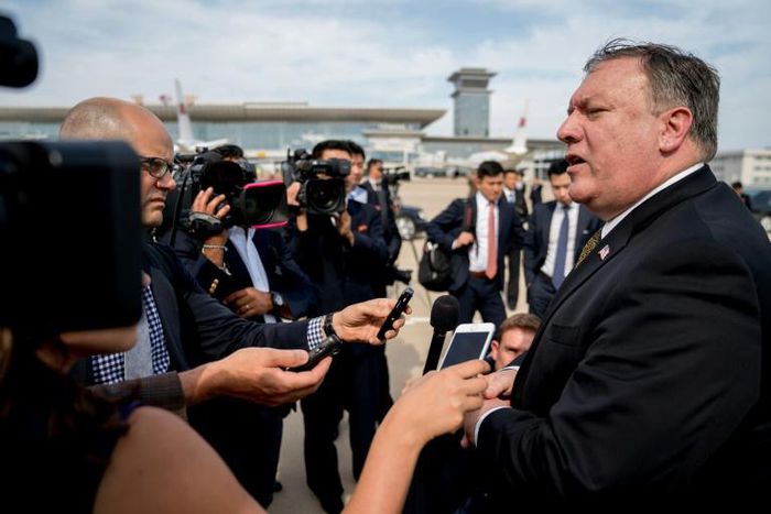 US Secretary of State Mike Pompeo addresses reporters at Pyongyang's airport during a July 2018 visit