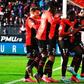 Rennes’ French midfielder Faitout Maouassa  (2R) celebrates with teammates after scoring  a goal during the French L1 football match between Stade Rennais Football Club and Montpellier Herault SC at the Roazhon Park, in Rennes, northwestern France, on ...