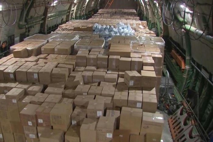 IMAGES of the Russian plane loaded and taking off from Chkalovsky military air base near Moscow. Russia announced it has sent a plane loaded with humanitarian aid to the United States, hit hard by the pandemic of the new coronavirus.