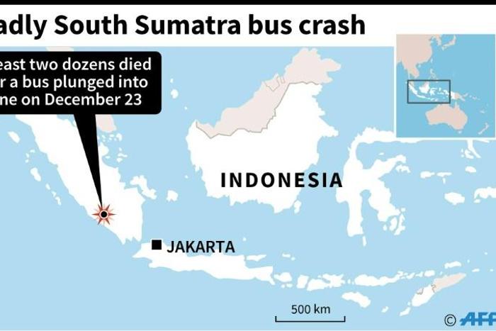 Map of Indonesia locating South Sumatra province where at least two dozen people died and 13 others were injured after a bus plunged into a ravine late Monday