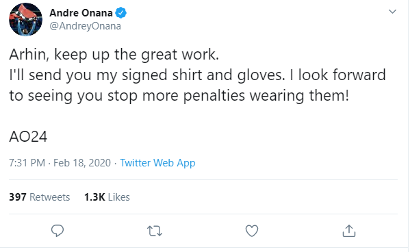 Andre Onana's tweet