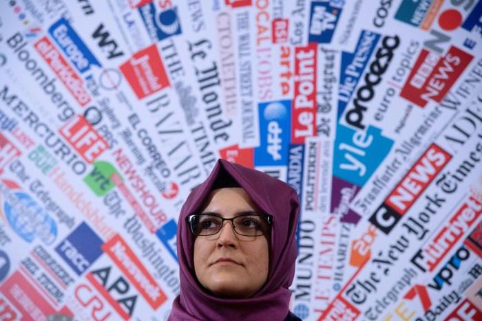 Hatice Cengiz, Turkish fiancee of murdered Saudi journalist and dissident Jamal Khashoggi at a press conference on December 17, 2019 at the Foreign Press Association in Rome