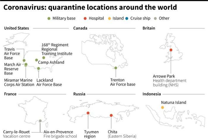 Map showing some of the different quarantine locations around the world for the new coronavirus