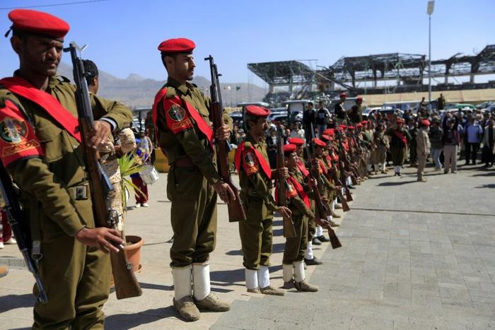 Members of the Huthi rebels military police parade in the streets of the capital Sanaa on January 8, 2020