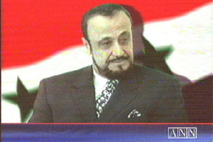 A screen grab shows Rifaat al-Assad, the exiled brother of Syria's late president Hafez al-Assad, in 2000 on the London-based Arab News Network