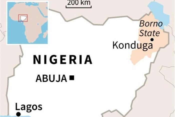 Map locating the state of Borno in Nigeria, where dozens of soldiers were killed when their convoy was attacked by jihadists