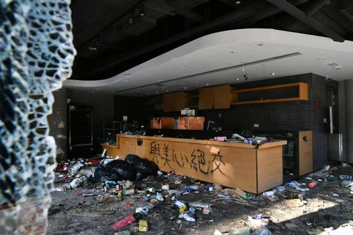 A badly damaged Starbucks inside Hong Kong's Polytechnic University