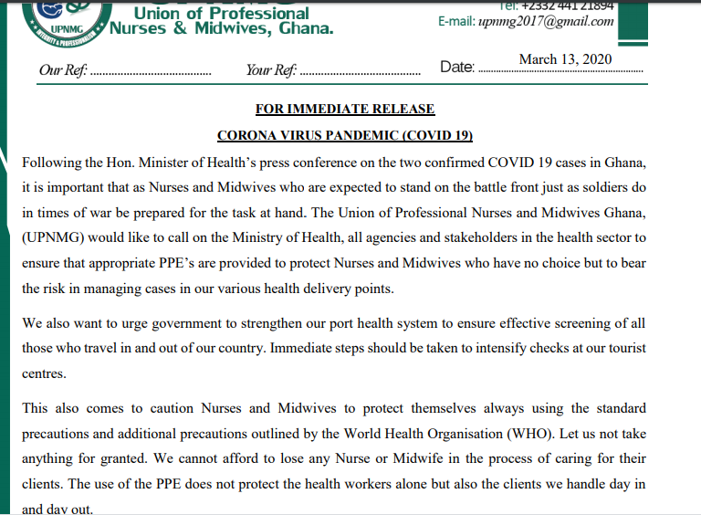 Statement from Union of Professional Nurses and Midwives, Ghana (UPNMG)