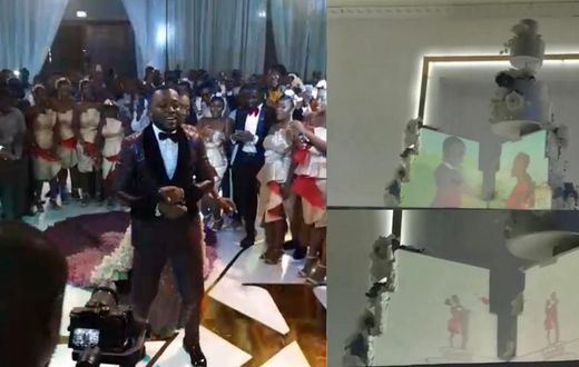 Story of how Kennedy Osei met Tracy animated and projected in their wedding cake