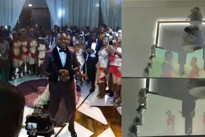 Story of how Kennedy Osei met Tracy animated and projected in their wedding cake