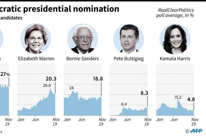 Chart showing support for top candidates in the US Democratic presidential nomination race as of Nov 19, according to RealClearPolitics polling average.