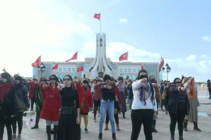 IMAGES  Tunisian women of the Falgatna collective perform in Arabic the Chilean viral feminist anthem turned into a mighty global roar against sexual violence "The Rapist is You!" during a flashmob in Tunis.