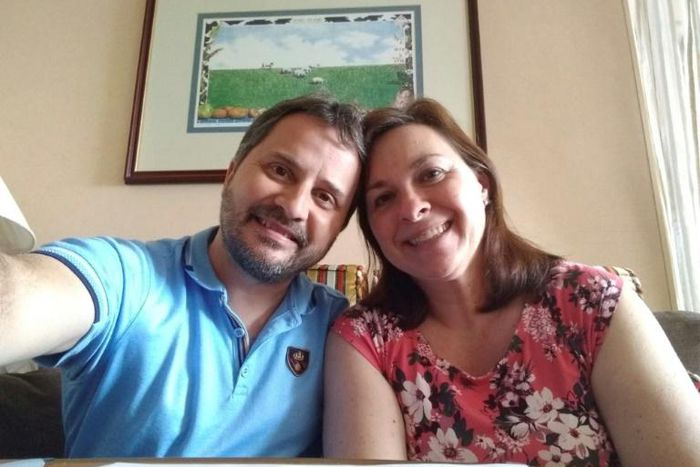 Laura Gabaroni Huergo with her husband Juan Huergo, quarantined in their cabin after they were transferred from the Zaandam cruise ship to the Rotterdam off Panama on March 29, 2020