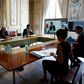 French President Emmanuel Macron (L) attends a videoconference with G7 leaders on coordination of the COVID-19 pandemic response at the Elysee presidential Palace in Paris on April 16, 2020