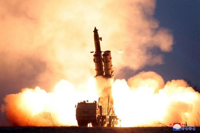 This undated picture released by North Korea's official Korean Central News Agency (KCNA) on November 29, 2019 shows a test of a super-large multiple launch rocket system in an undisclosed location