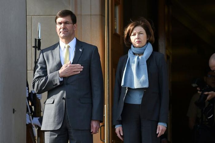 US Secretary of Defense Mark Esper welcomes France's Defence Minister Florence Parly during an honor cordon at the Pentagon