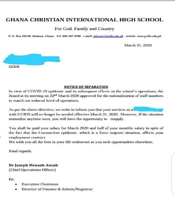 Dismissal letter of one of the school's staff