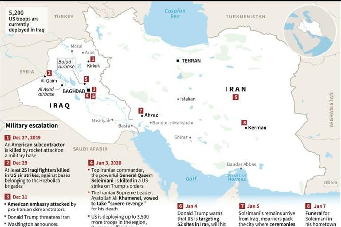 Map of Iran and Iraq showing latest developments in military escalation in which Iranian General Qasem Soleimani was killed in a US strike on the orders of Donald Trump
