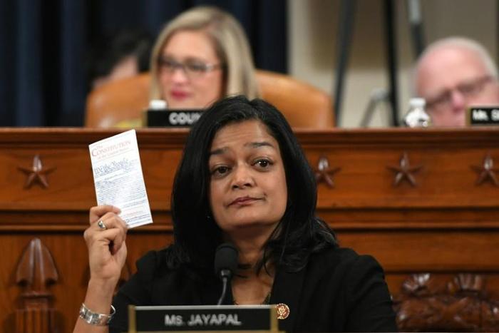 US House Democrat Pramila Jayapal votes during the House Judiciary Committee's vote on articles of impeachment against US President Donald Trump