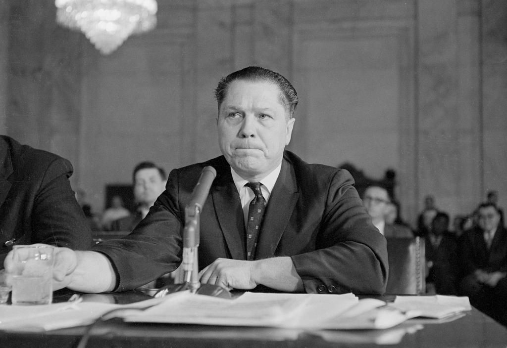 Teamster President James R. Hoffa appears before the Senate Internal Security Subcommittee, 1961.