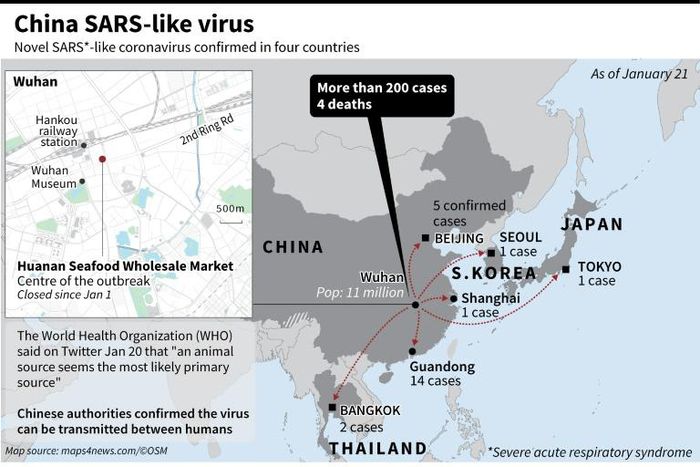 Regional map including China, Japan, Thailand, South Korea, and Wuhan Seafood Market, identified as the centre of a pneumonia outbreak that has sickened dozens and killed four.