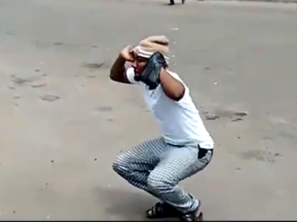 The soldier made the civilian undertake frog jumps