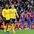 Crystal Palace forward Jordan Ayew celebrates with teammates after scoring the equaliser against Arsenal in their Premier League match at Selhurst Park