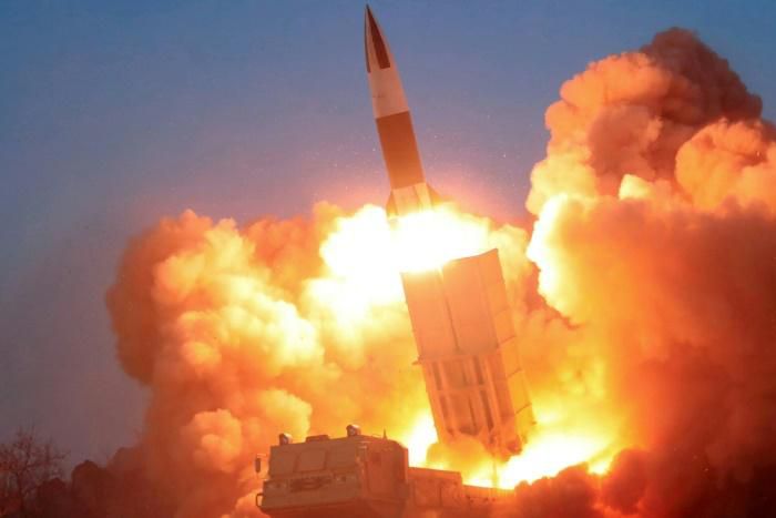 This picture taken on March 21, 2020 and released from North Korea's official Korean Central News Agency (KCNA) on  March 22, 2020 shows a demonstration fire of tactical guided weapons at an undisclosed location in North Korea