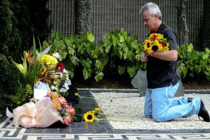 Former hitman Jhon Jairo Velásquez, pictured in 2015, paying tribute to his ex 'boss' and drug kingpin Pablo Escobar in Medellin