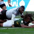 South Africa's Branco Du Preez scores a try to force extra time in the Blitzboks' victory over Fiji in the Cup final of World Rugby Sevens Series Los Angeles Sevens