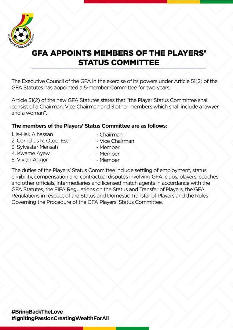 GFA outdoors 5-member Player Status Committee
