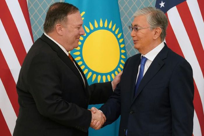 US Secretary of State Mike Pompeo meets Kazakh President Kassym-Jomart Tokayev in Nur-Sultan during Pompeo's European and Central Asian trip, from which he barred a reporter for US National Public Radio