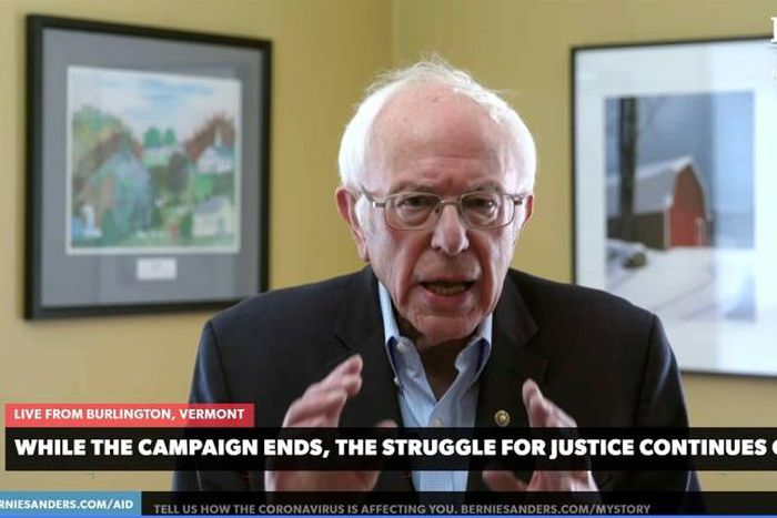 In this video still image from the Bernie Sanders Presidential Campaign, Sanders announces the suspension of his presidential campaign on April 8, 2020, from Burlington, Vermont