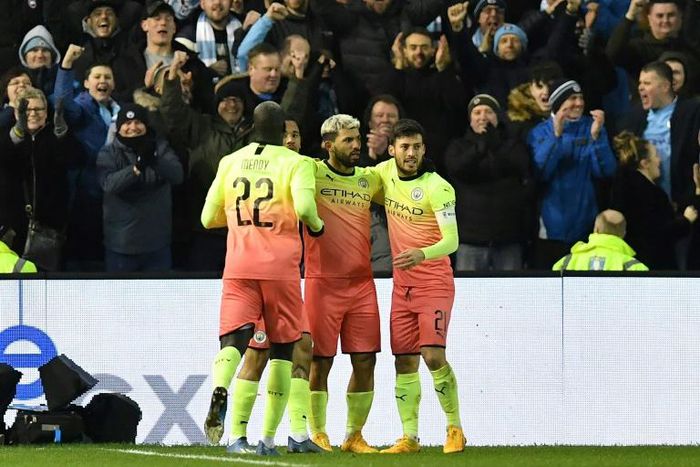 Sergio Aguero (centre) scored the only goal against Sheffield Wednesday to take Manchester City into the FA Cup quarter-finals