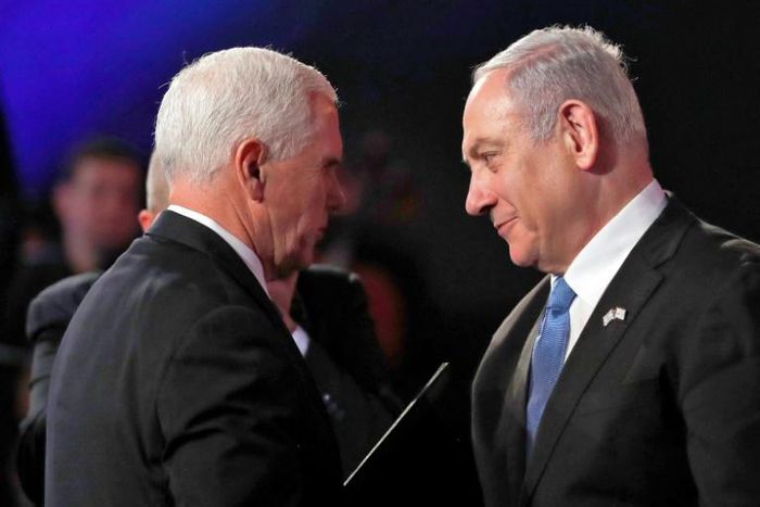 US Vice President Mike Pence (L) greets Israeli Prime Minister Benjamin Netanyahu during the Fifth World Holocaust Forum in Jerusalem on January 23, 2020; Pence invited Netanyahu and his main election rival to Washington next week