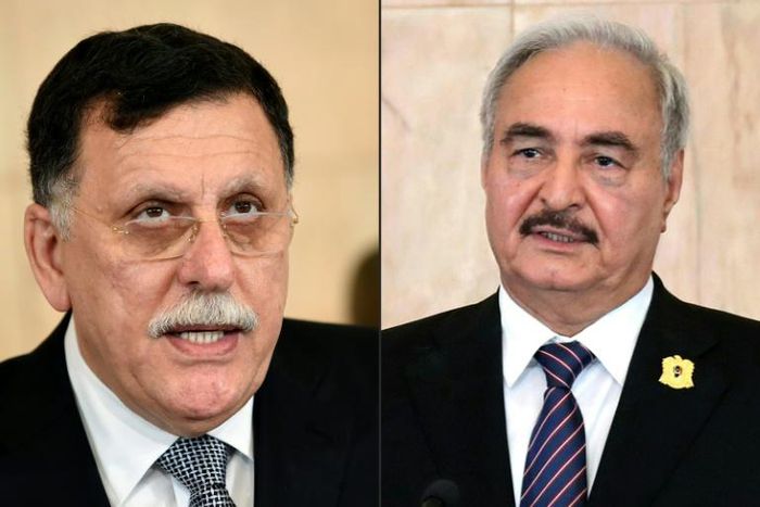 Libya's conflict pits UN-recognised premier  Fayez al-Sarraj against military commander Khalifa Haftar