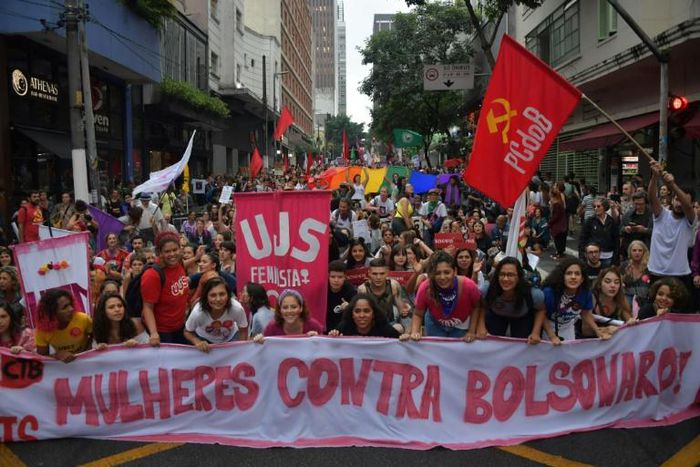 Women marching in Sao Paulo, Brazil on March 8, 2020 -- International Women's Day -- carried a banner saying "Women Against Bolsonaro"