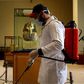A cleaner disinfects the display case housing the gold funeral mask of famed pharaoh Tutankhamun at the Egyptian Museum in Cairo
