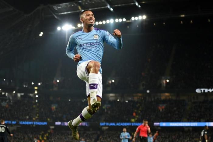 Manchester City striker Gabriel Jesus celebrates his second goal against Everton